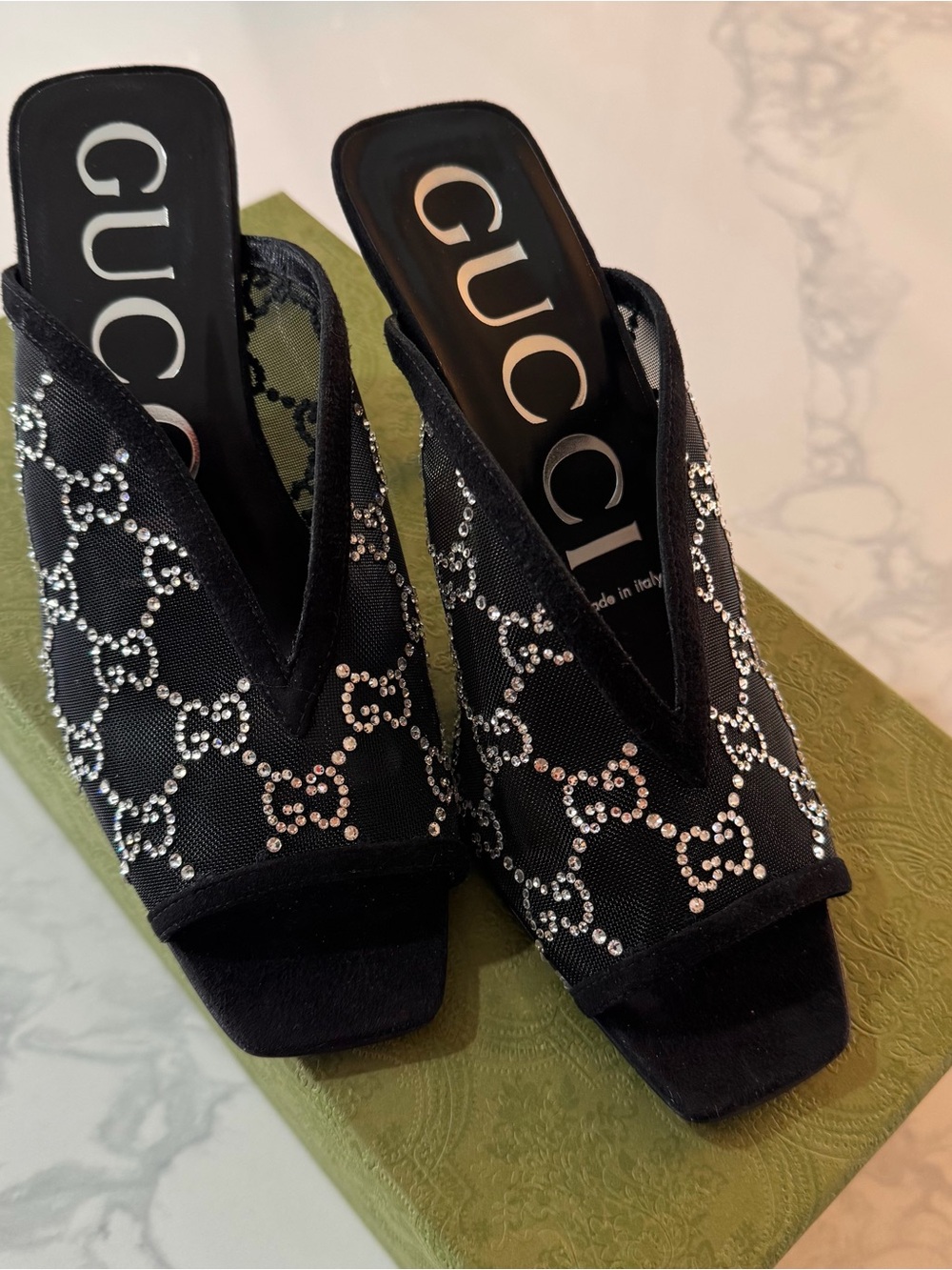 Gucci GG Black Crystal Mules